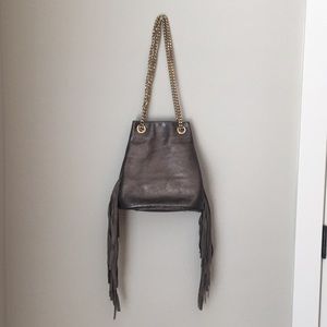Leather Pewter Fringe Shoulder Bucket Bag